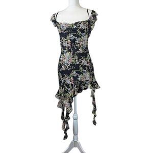 NWT Forever 21 Ruffle Fringe Mini Dress Charcoal Gray Floral Strappy Size Small